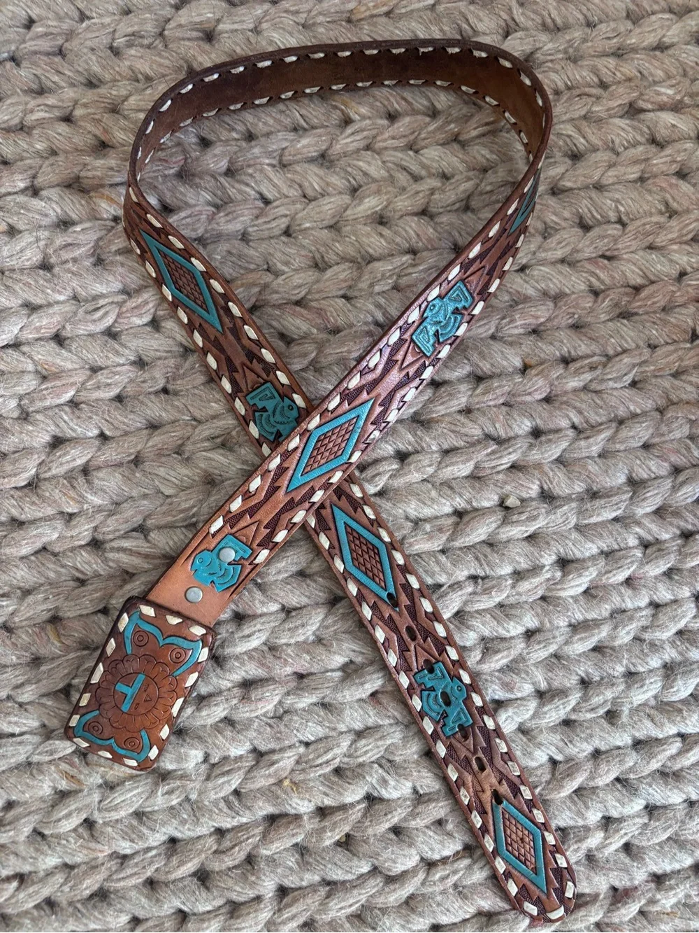 Vintage Genuine Leather Southwestern Tooled Belt Turquoise Hand Laced